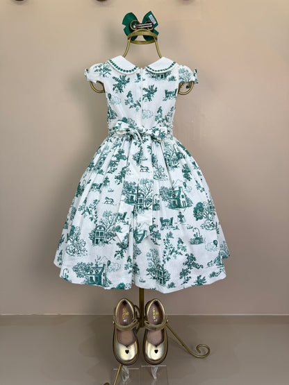 Vestido Infantil Linho Bordado Florais Verde - Petit Cherie