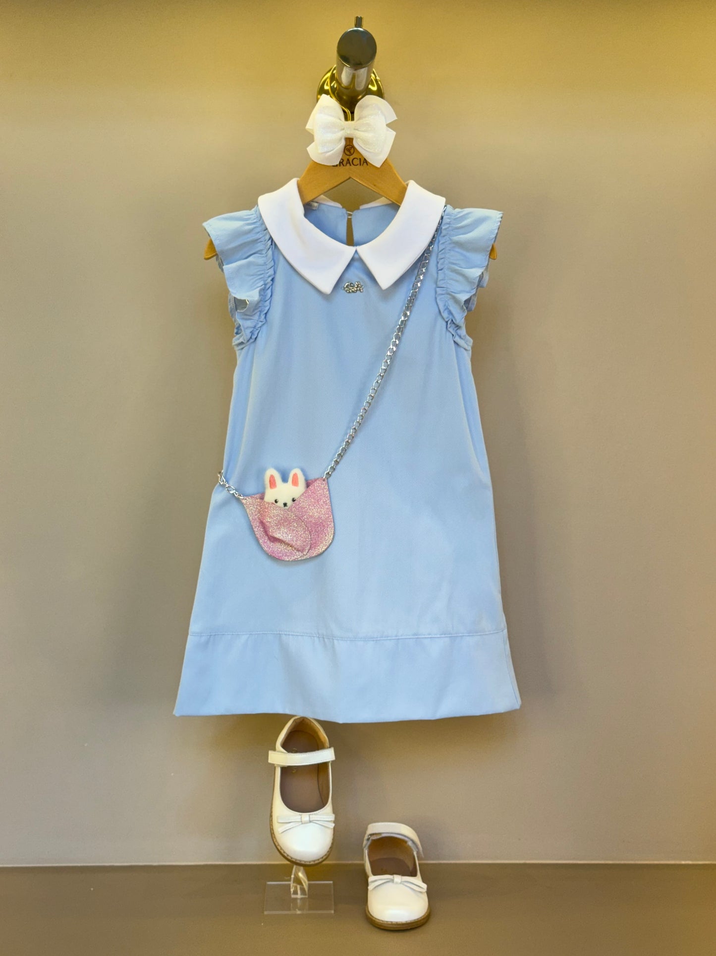 Vestido Infantil Algodão Azul com Bolsinha Coelhinho - Gabriela Aquarela