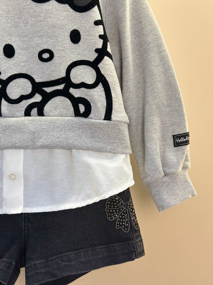 Conjunto Infantil Casaco Moletom Hello Kitty Mescla e Shorts Jeans  Black Laço Strass - Momi