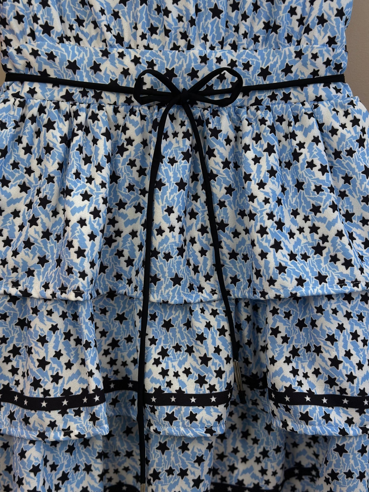 Vestido Teen Crepe Babados Estrelinhas Azul Claro - Two In