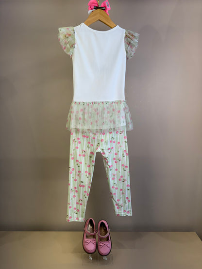 Conjunto Infantil Blusa Ursinha Em Tule e Calça Legging Cerejas - Petit Cherie