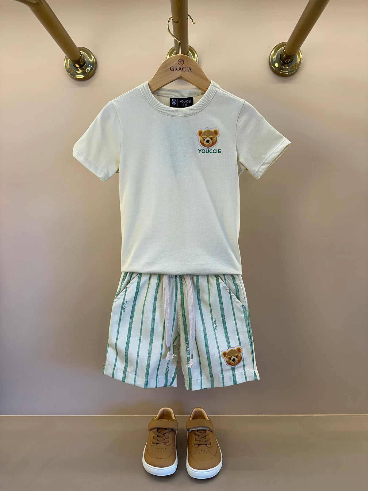 Conjunto Infantil T-Shirt Teddy e Bermuda de Linho Listrada - Youccie