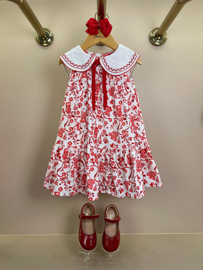 Vestido Infantil Linho Bordado Florais Vermelho - Petit Cherie