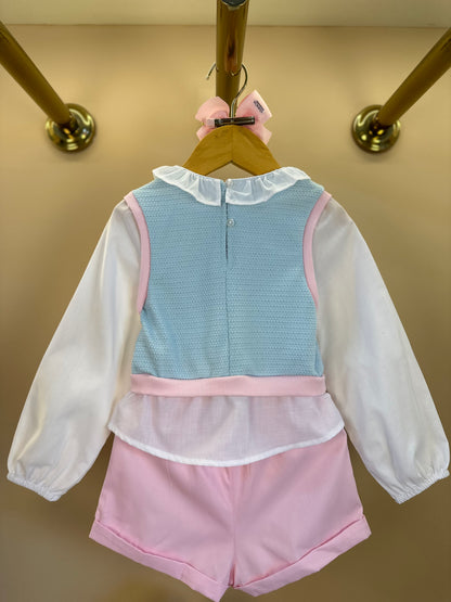 Conjunto Infantil Blusa ML com Tricot Azul Ursinho Cristal e Shorst Rosa - Gabriela Aquarela