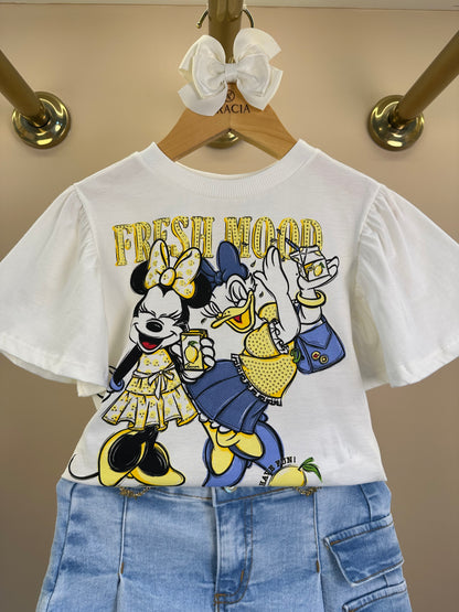 Conjunto Infantil Blusa Minnie e Daisy Limão e Shorts Saia Jeans