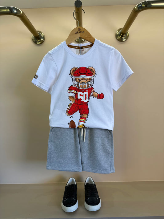 Conjunto Infantil Camiseta Algodão Teddy Kansas City Chiefs NFL e Bermuda Moletom Básica Cinza - Dame