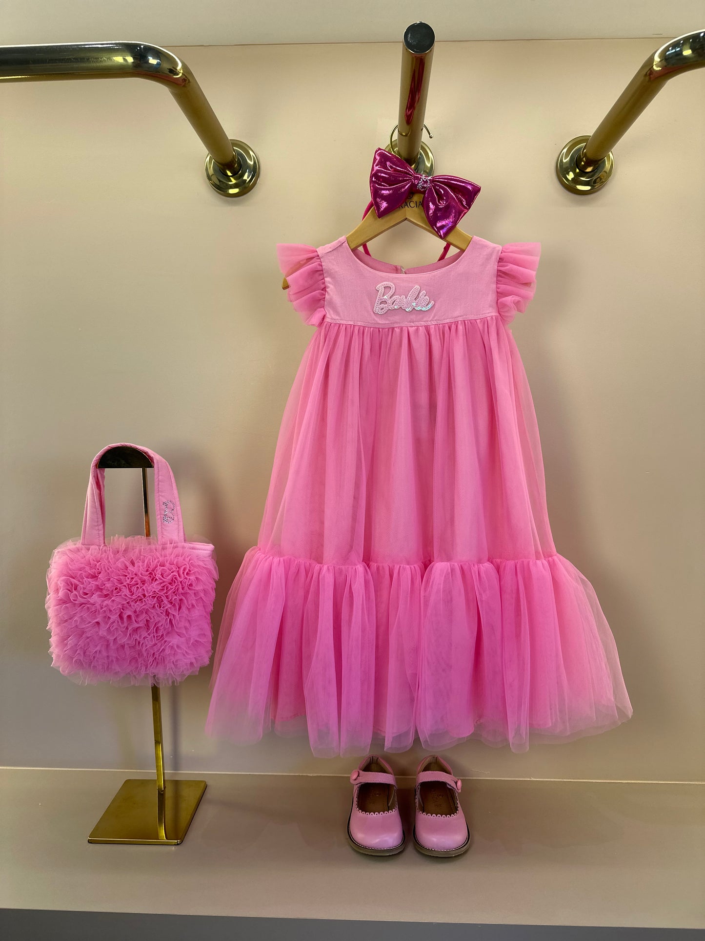 Vestido Infantil Tule Patche Barbie Rosa Ópera - Pituchinhus