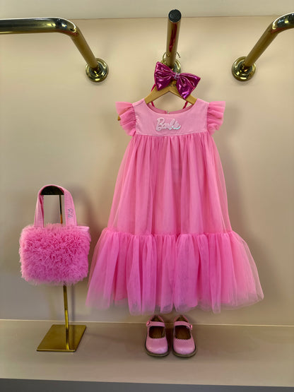 Vestido Infantil Tule Patche Barbie Rosa Ópera - Pituchinhus