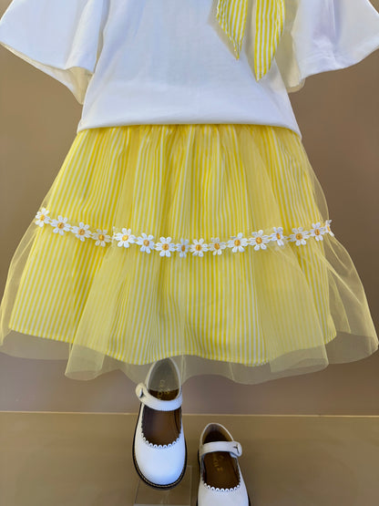 Conjunto Infantil Blusa Laço e Saia Listrada Com Aplicação de Flores - Momi