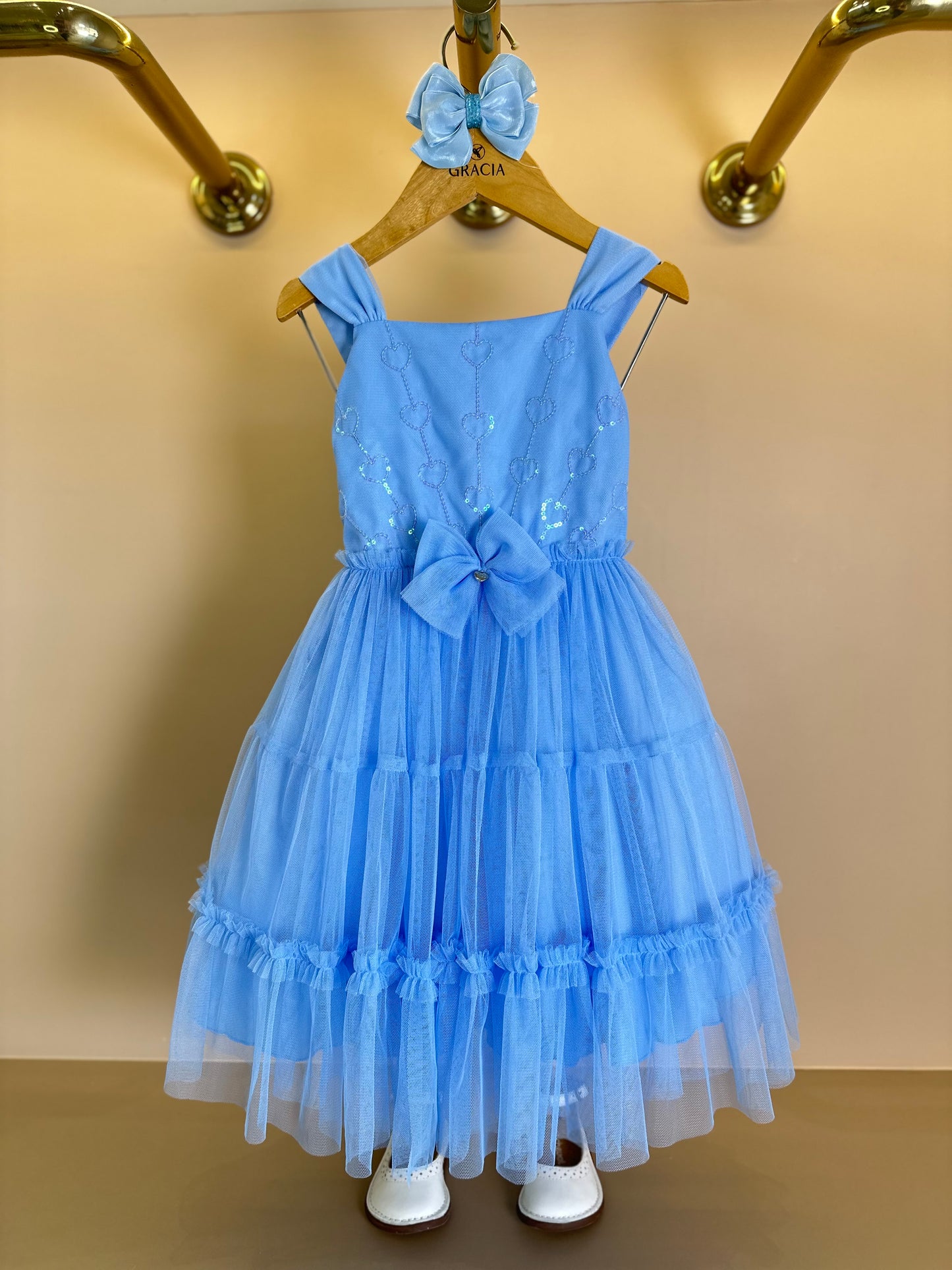 Vestido Infantil Tule Bordado Corações e Laço Frontal Azul Baby - Petit Cherie