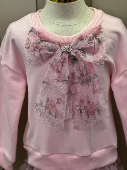 Conjunto Infantil Blusa Moletom Babado Tule Floral Glitter e Calça Legging Cotton Rosa - Luluzinha