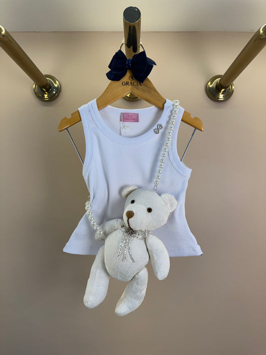 Regata Infantil Branca com Bolsinha de Urso com Alça de Pérolas - Luluzinha