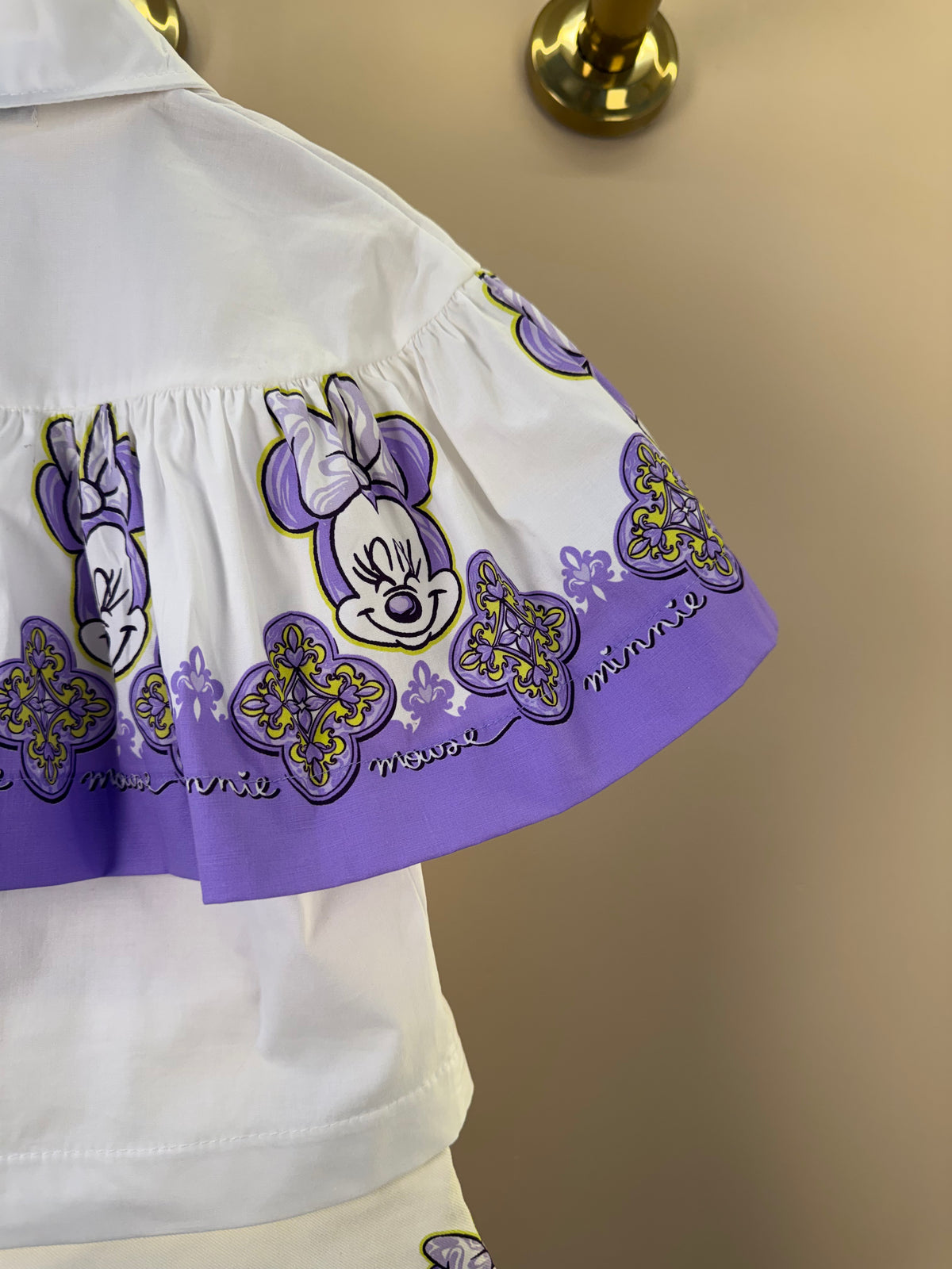 Conjunto Infantil Camisa Gola Clássica Capa Minnie Florais e Shorts Sarja Minnie Florais Detalhes Lilás - Animê