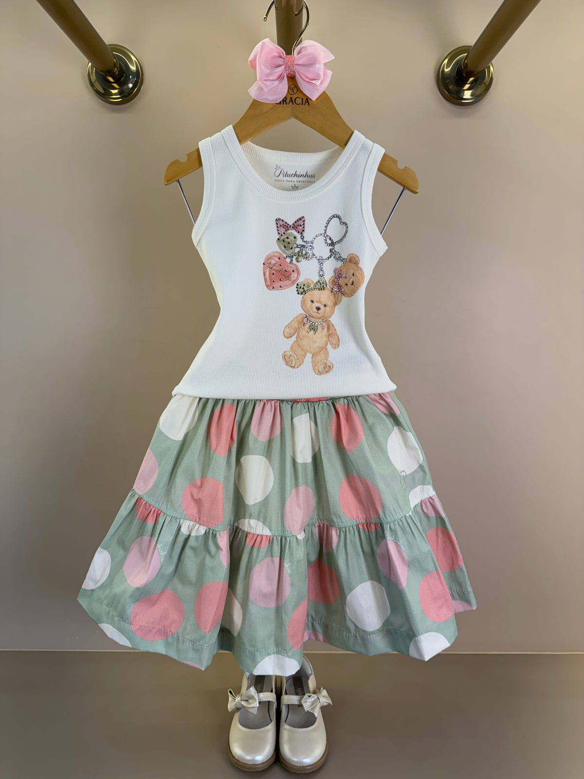 Conjunto Infantil Regata Chaveiro Ursos Cristais e Saia Midi Poá Colorido - Pituchinhus