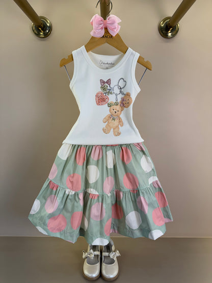 Conjunto Infantil Regata Chaveiro Ursos Cristais e Saia Midi Poá Colorido - Pituchinhus