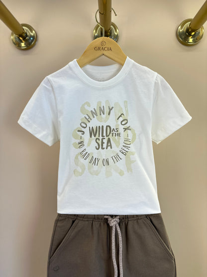Conjunto Infantil Camisa Off White e Bermuda Marrom - Little Johnny