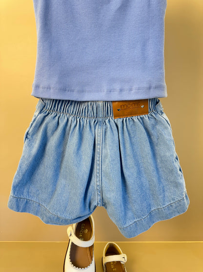 Conjunto Infantil Regata Lilás Estampa Limões e Shorts Saia Jeans Com Pregas - Momi