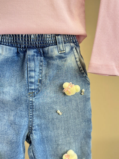 Conjunto Infantil Blusa Rosa ML e Calça Jogger Ursinhos Pompom Jeans - Gabriela Aquarela