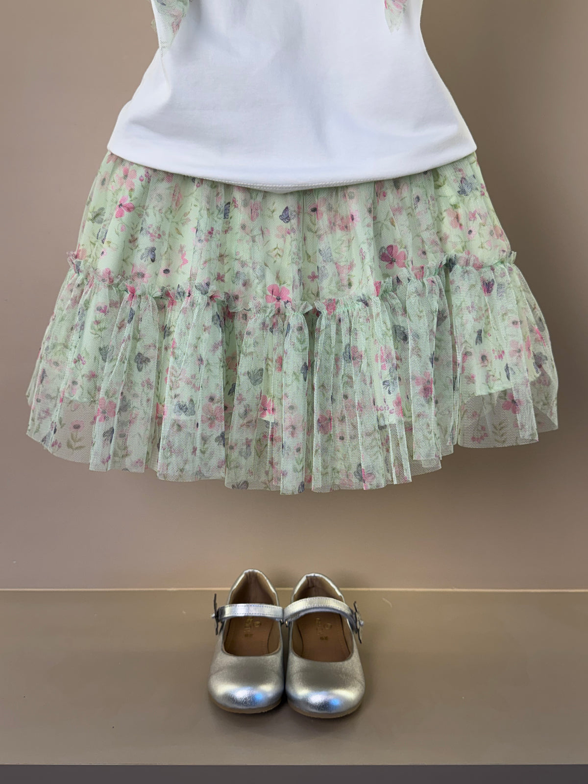 Conjunto Infantil Blusa Babados Tule e Saia Estampa Borboletinhas - Petit Cherie