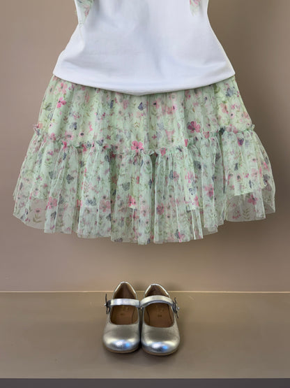 Conjunto Infantil Blusa Babados Tule e Saia Estampa Borboletinhas - Petit Cherie