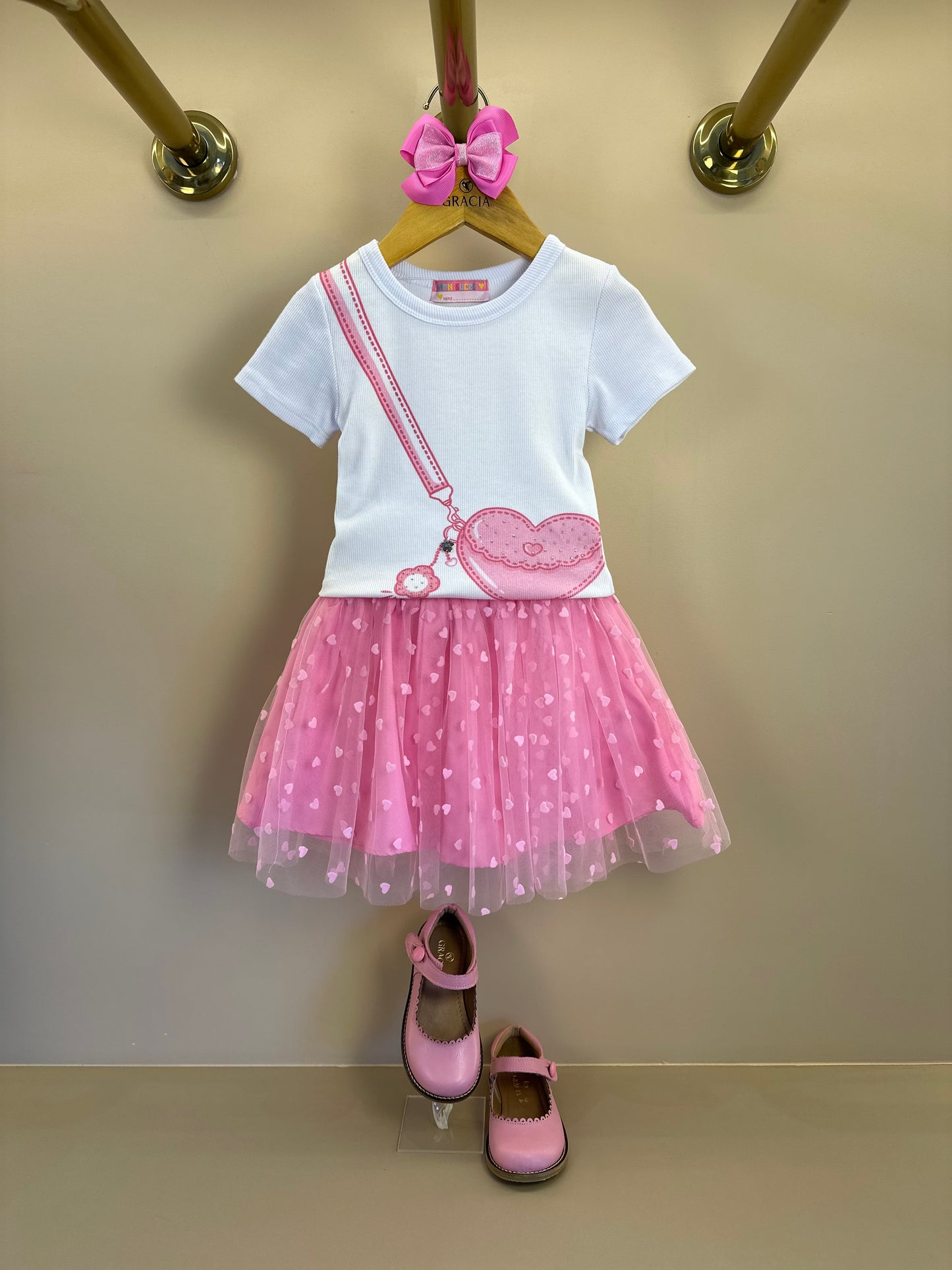 Conjunto Infantil Blusa Bolsa Coração e Saia de Tule Coração - Mon Sucré