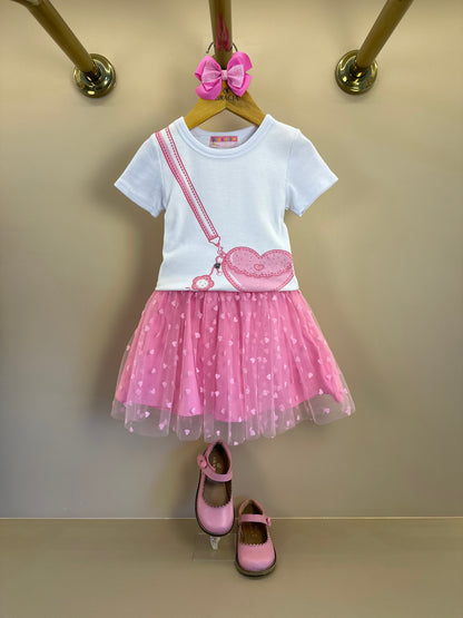 Conjunto Infantil Blusa Bolsa Coração e Saia de Tule Coração - Mon Sucré