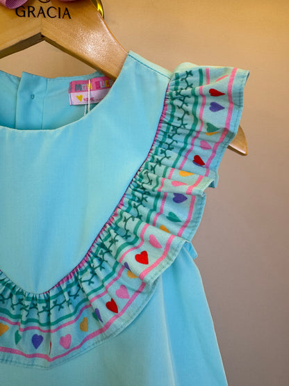 Vestido Infantil Tricoline Barrado Flores e Corações - Mon Sucre