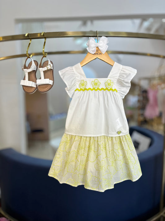 Conjunto Infantil Blusa e Saia-shorts Laise Flores Neon Lima - Momi