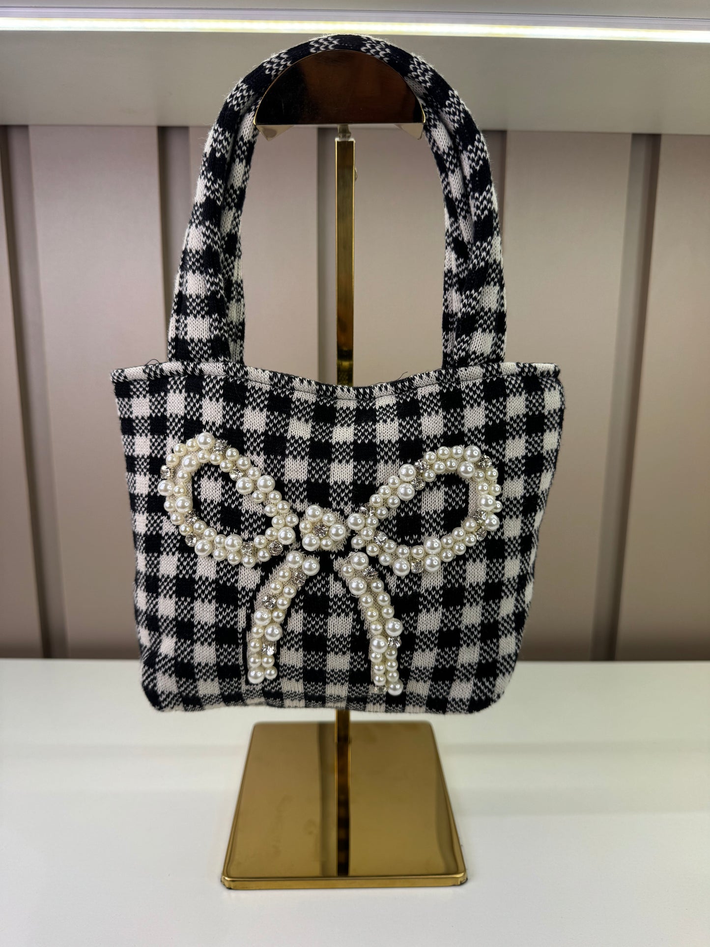 Bolsa Infantil Tricot Xadrez Laço Pérolas - Pituchinhus