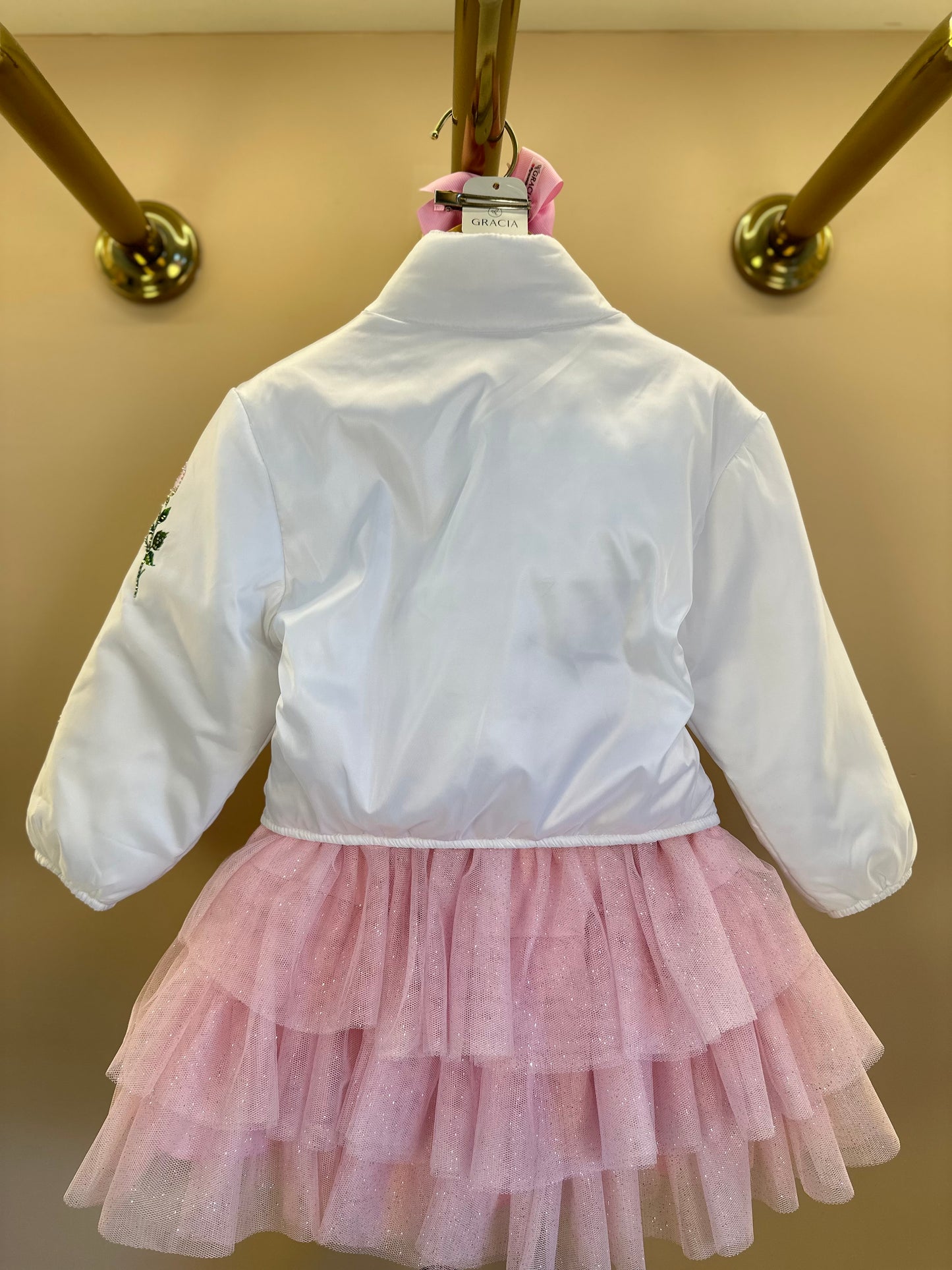 Conjunto Infantil com Casaco Bordado Floral, Blusa com Strass e Saia em Tulle Glitter - Luluzinha