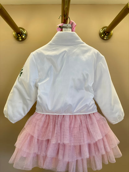 Conjunto Infantil com Casaco Bordado Floral, Blusa com Strass e Saia em Tulle Glitter - Luluzinha