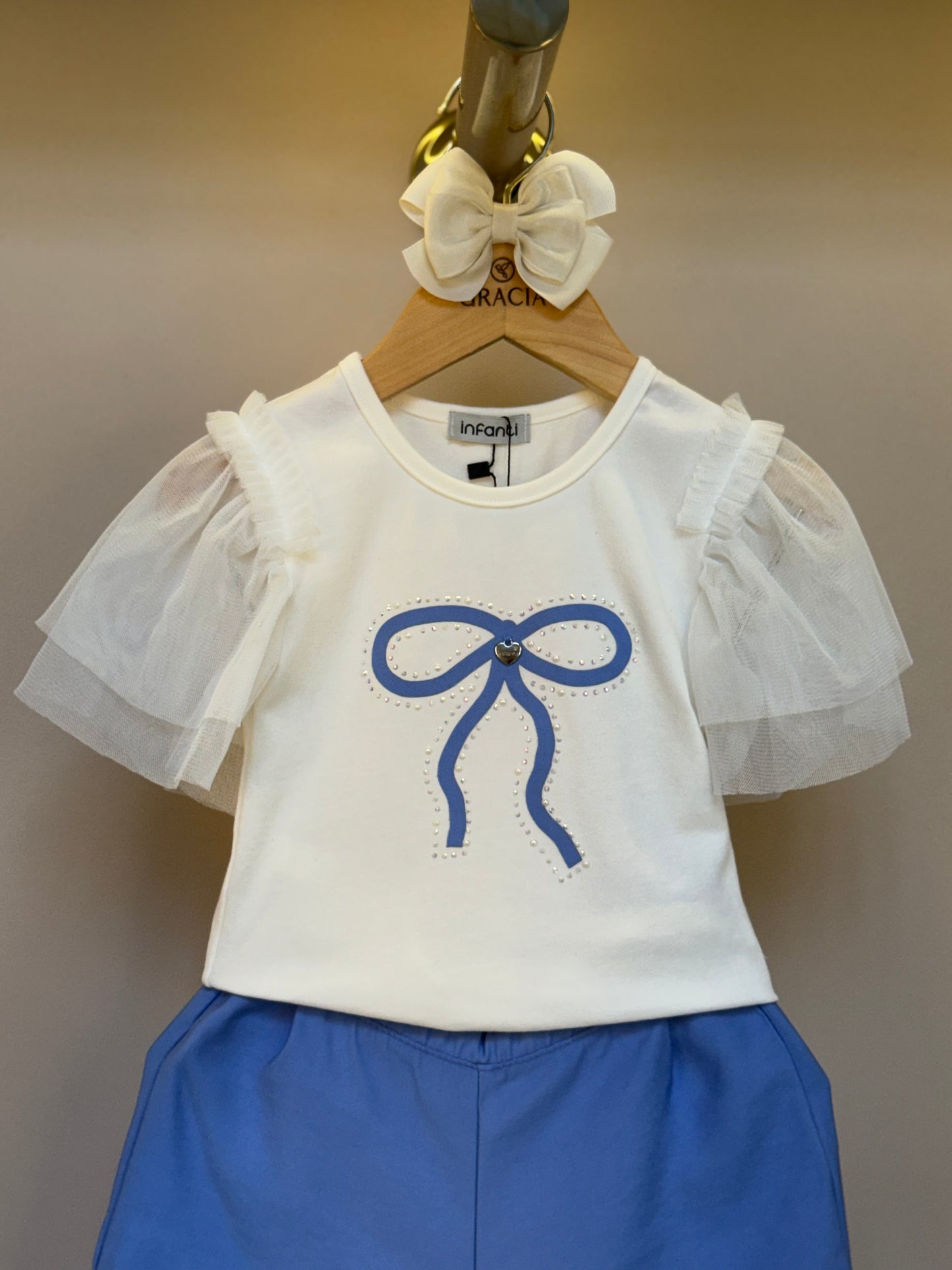Conjunto Infantil Blusa Lacinho Manga Tule e Shorts Azul Médio - Infanti