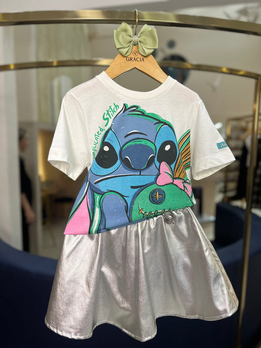 Conjunto Infantil Stitch e Xepa Blusa e Saia Metalizada - Animê
