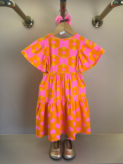 Vestido Infantil Laranja Floral com Saia em Camadas - Momi