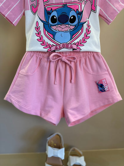 Conjunto Infantil Blusa Stitch  e Shorts  Rosa Blossom - Momi