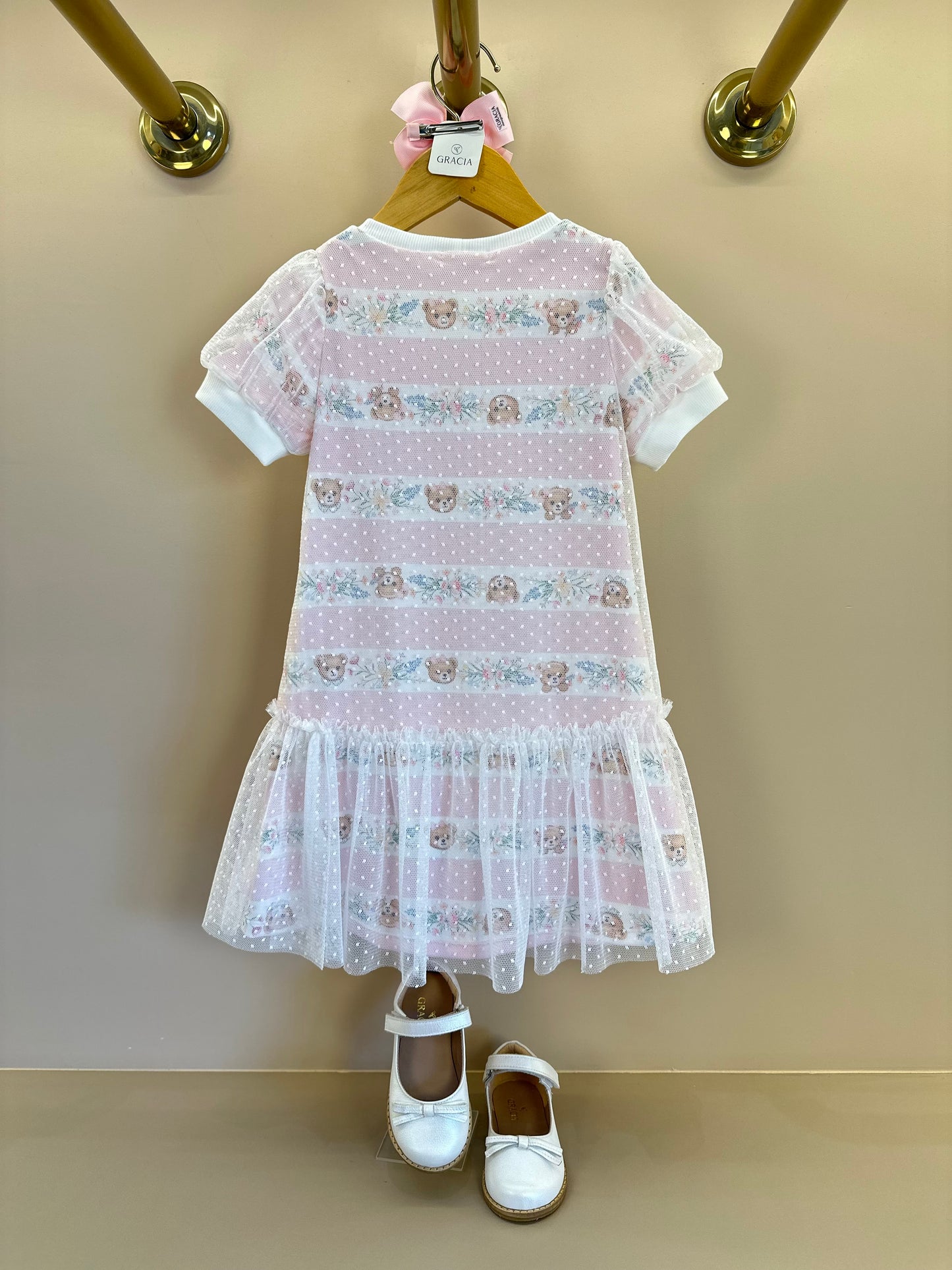 Vestido Infantil Trapézio Tule Poá Ursinha Bordado Lacinho Rosa - Petit Cherie