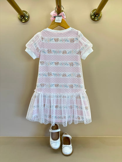 Vestido Infantil Trapézio Tule Poá Ursinha Bordado Lacinho Rosa - Petit Cherie