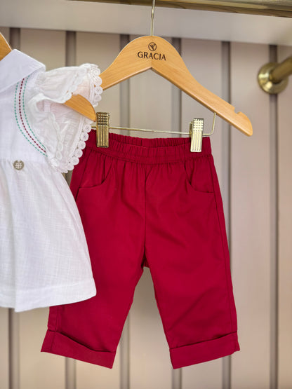 Conjunto Bebê Clássico Bata Golinha e Calça Vermelha - Um Mais Um