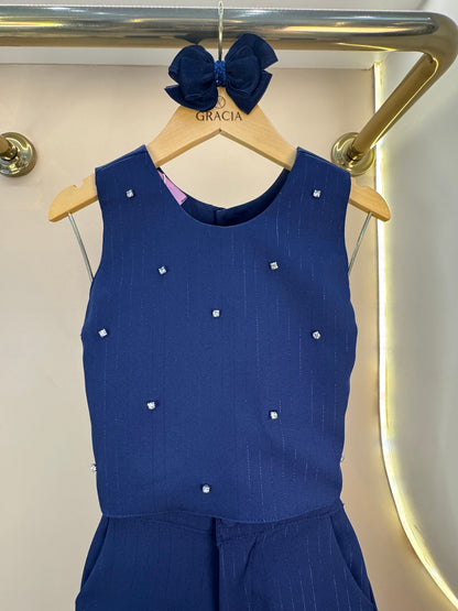 Conjunto Infantil Alfaiataria Blusa com Strass e Calça Risca de Giz - Luluzinha