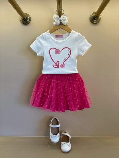 Conjunto Infantil Blusa Estampa Coração e Saia de Tule Corações - Mon Sucre