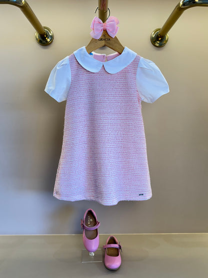 Vestido Infantil Reto Malha Tweed Algodão Gola Alfaiataria Rosa Claro - Beabá
