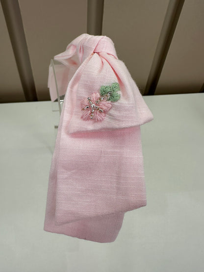Tiara Infantil Mariana Rosa Tecido Algodão Laço Duplo Flores Bordadas - Roana