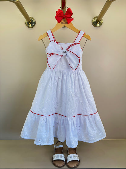 Vestido Infantil Laise Branco Com Detalhes Vermelho e Laço Maxxi - Gabriela Aquarela
