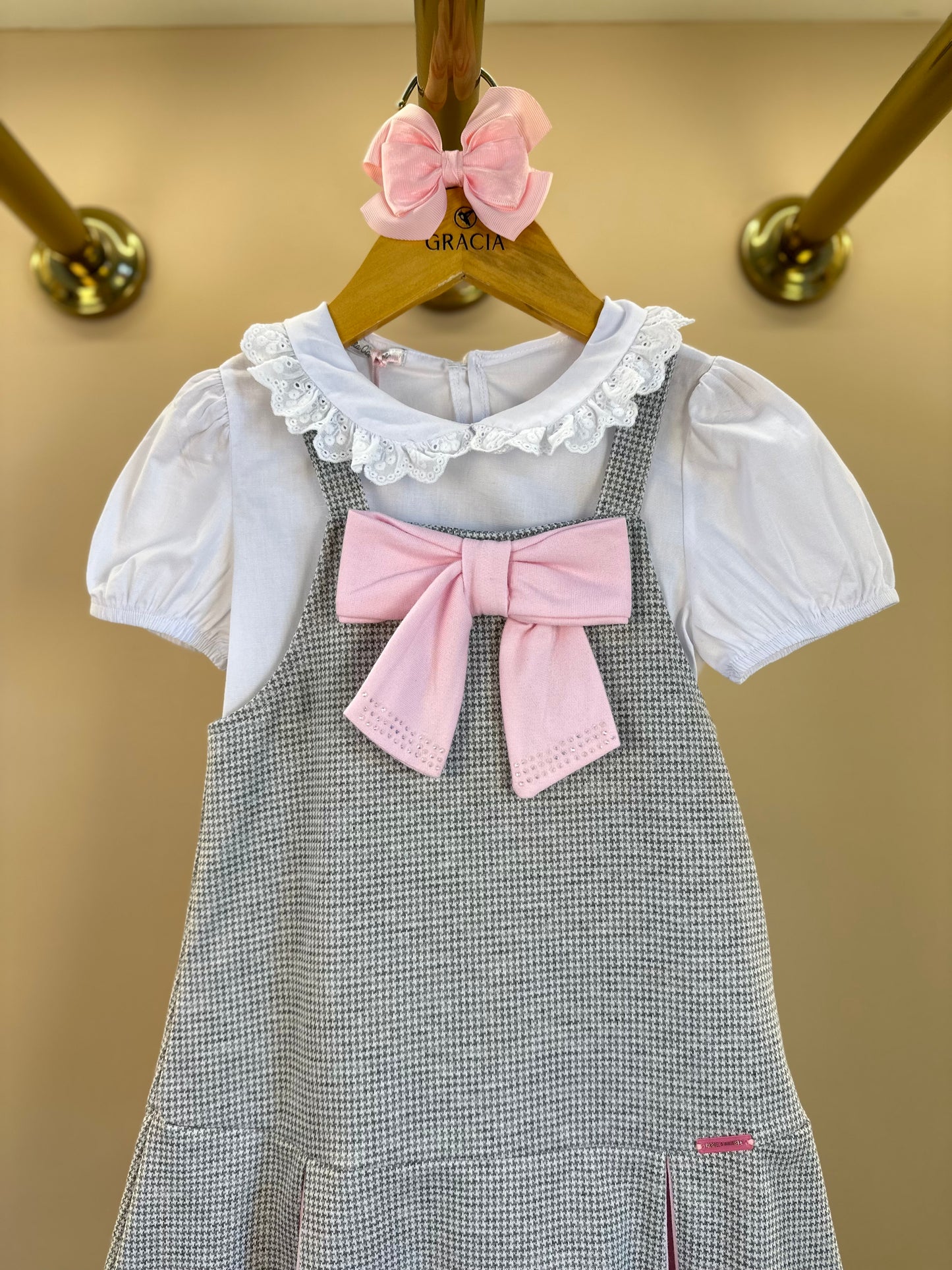 Salopete Infantil Pied Poule Laço com Camisa Gola Babadinho Branca  - Gabriela Aquarela