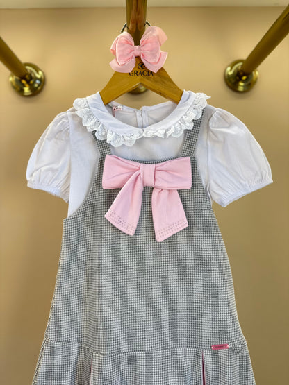 Salopete Infantil Pied Poule Laço com Camisa Gola Babadinho Branca  - Gabriela Aquarela