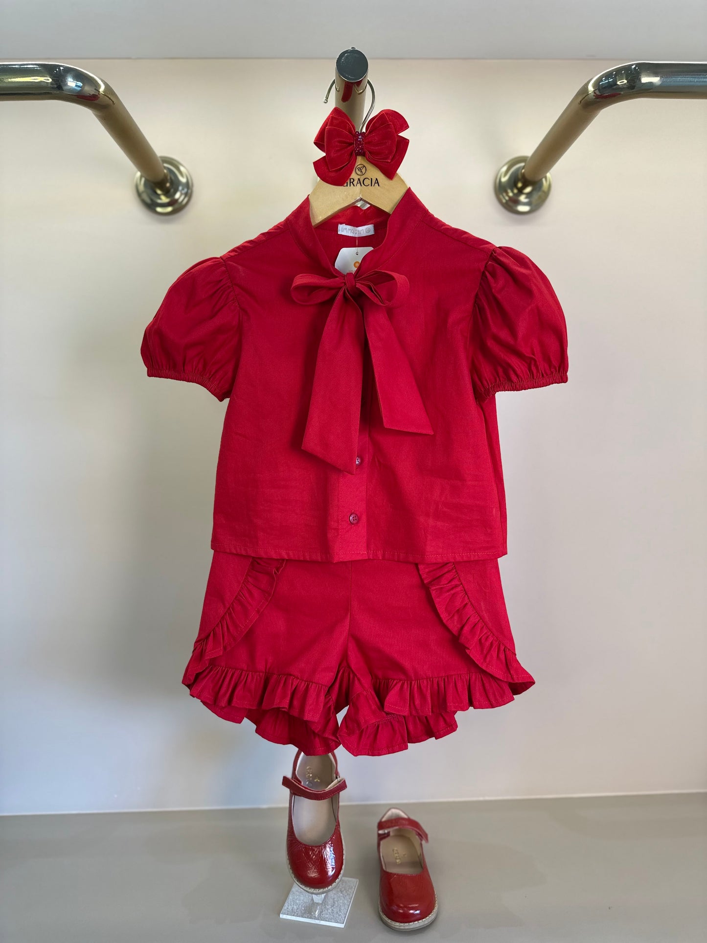 Conjunto Infantil Camisa e Shorts Clássico Algodão Babados Vermelho - Um Mais Um