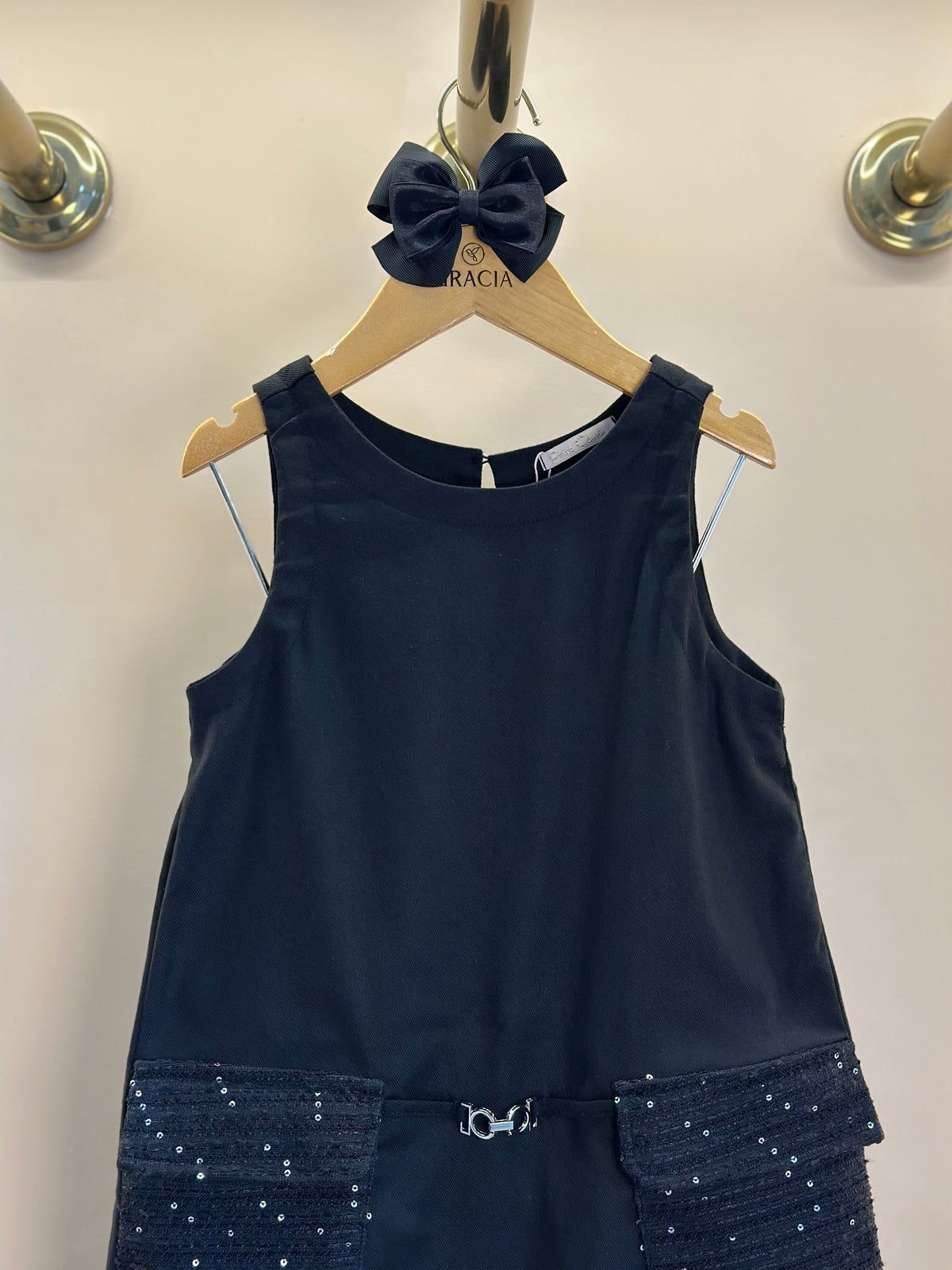 Vestido Infantil Trapézio Sarja Bolsos Tweed Paetê Preto - Petit Cherie