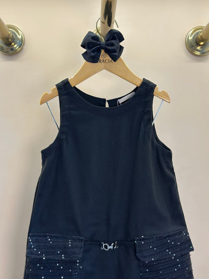 Vestido Infantil Trapézio Sarja Bolsos Tweed Paetê Preto - Petit Cherie