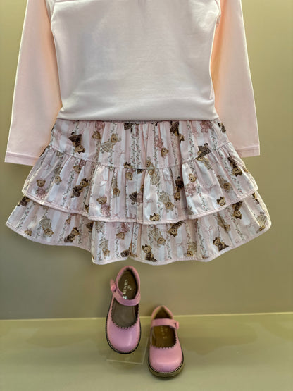 Conjunto Infantil Algodão Blusa Cotton Ursinhas Happy Gola Tricot e Saia Babados Ursinhas Listras - Pituchinhus