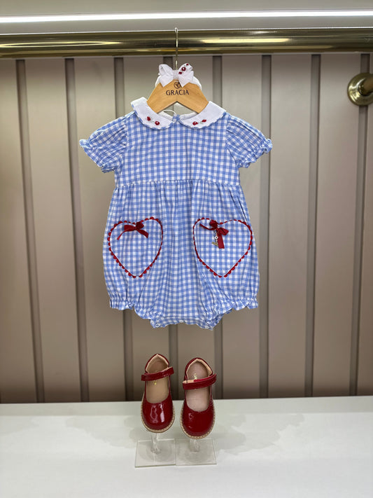 Pimpão Bebê Luxo Gola Bordada Renda Xadrez Azul - Roana